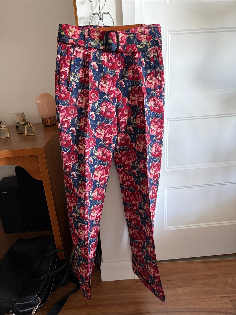 Sezane Red & Navy Floral High-Waist Belted Trousers